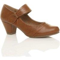 AJVANI Women's Mid Block Heel Comfort Mary Jane Faux Leather Court Shoes in Tan | Size: 7