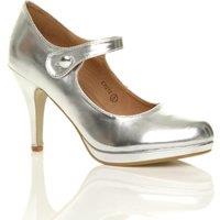 AJVANI Women's High Slim Heel Mary Jane Faux Leather Court Shoes in Silver | Size: 4
