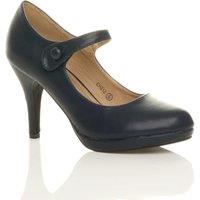 AJVANI Women's High Slim Heel Mary Jane Faux Leather Court Shoes in Navy | Size: 6