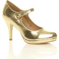 AJVANI Women's High Slim Heel Mary Jane Faux Leather Court Shoes in Metallic Gold | Size: 6