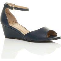 AJVANI Women's Mid Wedge Heel Ankle Strap Sandals in Navy | Size: 8