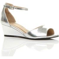AJVANI Women's Mid Wedge Heel Ankle Strap Sandals in Silver | Size: 5