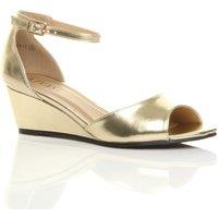 AJVANI Women's Mid Wedge Heel Ankle Strap Sandals in Metallic Gold | Size: 8