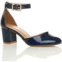 AJVANI Women's Mid Block Heel Ankle Strap Patent 2 Part Heels in Navy | Size: 4
