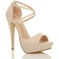 AJVANI Women's High Heel Crossed Straps Platform Faux Leather 2 Part Heels in Nude | Size: 7
