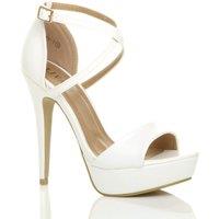 AJVANI Women's High Heel Crossed Straps Platform Faux Leather 2 Part Heels in White | Size: 5