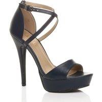 AJVANI Women's High Heel Crossed Straps Platform Faux Leather 2 Part Heels in Navy | Size: 6