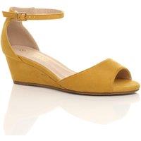 AJVANI Women's Mid Wedge Heel Ankle Strap Faux Suede Sandals in Mustard | Size: 6