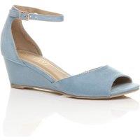 AJVANI Women's Mid Wedge Heel Ankle Strap Faux Suede Sandals in Baby Blue | Size: 7