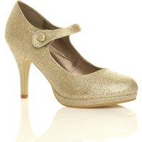AJVANI Women's High Slim Heel Mary Jane Glitter Mesh Court Shoes in Gold | Size: 3