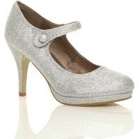 AJVANI Women's High Slim Heel Mary Jane Glitter Mesh Court Shoes in Silver | Size: 6