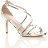 AJVANI Women's High Heel Crossed Straps Buckle Faux Leather Heeled Sandals in Silver | Size: 6