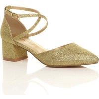 AJVANI Women's Mid Block Heel Crossed Strap Pointed Toe Glitter Mesh 2 Part Heels in Gold | Size: 5