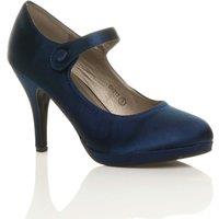 AJVANI Women's High Slim Heel Mary Jane Satin Court Shoes in Navy | Size: 3