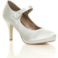 AJVANI Women's High Slim Heel Mary Jane Satin Court Shoes in Silver | Size: 4
