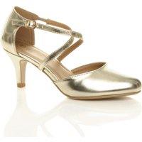 AJVANI Women's High Heel Crossed Straps 2 Part Heels in Metallic Gold | Size: 5