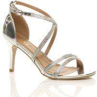 AJVANI Women's High Heel Crossed Straps Buckle Diamante Heeled Sandals in Silver | Size: 8
