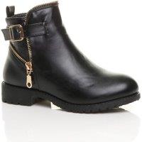 AJVANI Women's Flat Heel Gold Zip Biker Faux Leather Ankle Boots in Black | Size: 12