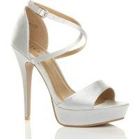 AJVANI Women's High Heel Crossed Straps Platform Satin 2 Part Heels in Silver | Size: 8