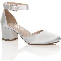 AJVANI Women's Mid Block Heel Ankle Strap Satin 2 Part Heels in Silver | Size: 4