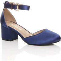 AJVANI Women's Mid Block Heel Ankle Strap Satin 2 Part Heels in Navy | Size: 7
