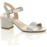AJVANI Women's Mid Block Heel Ankle Strap Satin Heeled Sandals in Silver | Size: 7