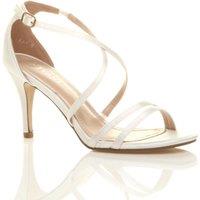 AJVANI Women's High Heel Crossed Straps Buckle Satin Heeled Sandals in Ivory | Size: 4