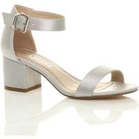 AJVANI Women's Mid Block Heel Ankle Strap Heeled Sandals in Silver | Size: 5