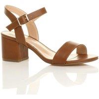 AJVANI Women's Mid Block Heel Ankle Strap Faux Leather Heeled Sandals in Tan | Size: 7