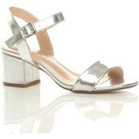 AJVANI Women's Mid Block Heel Ankle Strap Faux Leather Heeled Sandals in Silver | Size: 6