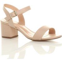 AJVANI Women's Mid Block Heel Ankle Strap Faux Leather Heeled Sandals in Nude | Size: 5