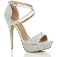AJVANI Women's High Heel Crossed Straps Platform Glitter Mesh 2 Part Heels in Silver | Size: 7