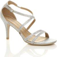 AJVANI Women's High Heel Crossed Straps Buckle Glitter Mesh Heeled Sandals in Silver | Size: 7