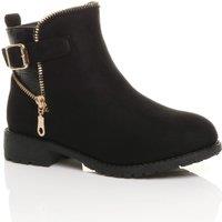 AJVANI Women's Flat Heel Gold Zip Biker Faux Suede Ankle Boots in Black | Size: 12