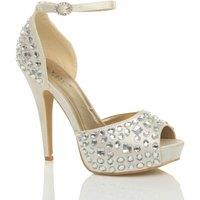 AJVANI Women's High Heel Gem Ankle Strap Peep Toe Satin 2 Part Heels in Ivory | Size: 5