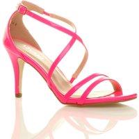 AJVANI Women's High Heel Crossed Straps Buckle Patent Heeled Sandals in Fuchsia | Size: 6