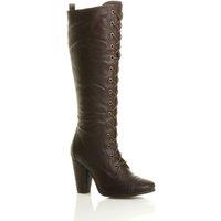 High Block Heel Lace Up Victorian Style Faux Leather Knee High Boots