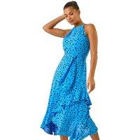 Roman Women's Spot Print Frill Hem Halter Dress in Blue | Size: 18