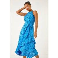 Roman Women's Spot Print Frill Hem Halter Dress in Blue | Size: 20