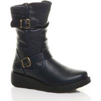 AJVANI Women's Low Wedge Heel Comfort Calf Biker Boots in Navy | Size: 6