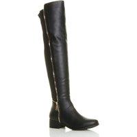 Low Block Heel Elastic Gold Zip Knee High Boots
