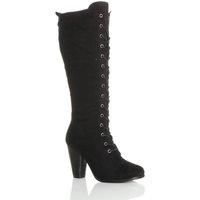 High Block Heel Lace Up Victorian Style Faux Suede Knee High Boots