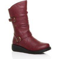 AJVANI Women's Low Wedge Heel Comfort Calf Biker Boots in Burgundy | Size: 3