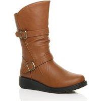 AJVANI Women's Low Wedge Heel Comfort Calf Biker Boots in Tan | Size: 7