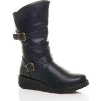 AJVANI Women's Low Wedge Heel Comfort Calf Biker Boots in Navy | Size: 6