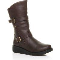 AJVANI Women's Low Wedge Heel Comfort Calf Biker Boots in Brown | Size: 3