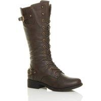 AJVANI Women's Lace Up Calf Military Biker Boots in Brown | Size: 3