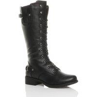 AJVANI Women's Lace Up Calf Military Biker Boots in Black | Size: 3