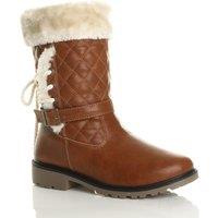 AJVANI Women's Low Block Heel Quilted Faux Fur Lined Grip Sole Calf Boots in Tan | Size: 8