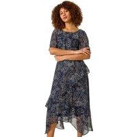 Roman Women's Floral Spot Print Frill Midi Dress in Navy | Size: 12